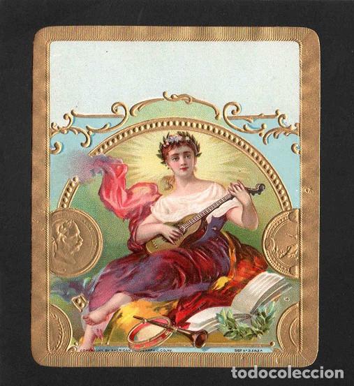 Vitolas de colecci&oacute;n: Vitola, original litograf&iacute;a. Antigua litograf&iacute;a de caja de tabacos. Lady Guitar (Untitled).