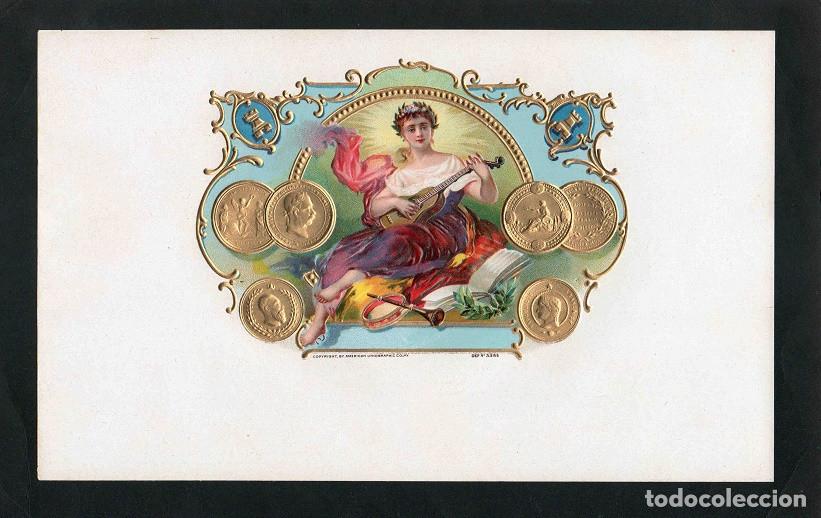 Vitolas de colecci&oacute;n: Vitola, original litograf&iacute;a. Antigua litograf&iacute;a de caja de tabacos. Lady Guitar (Untitled).