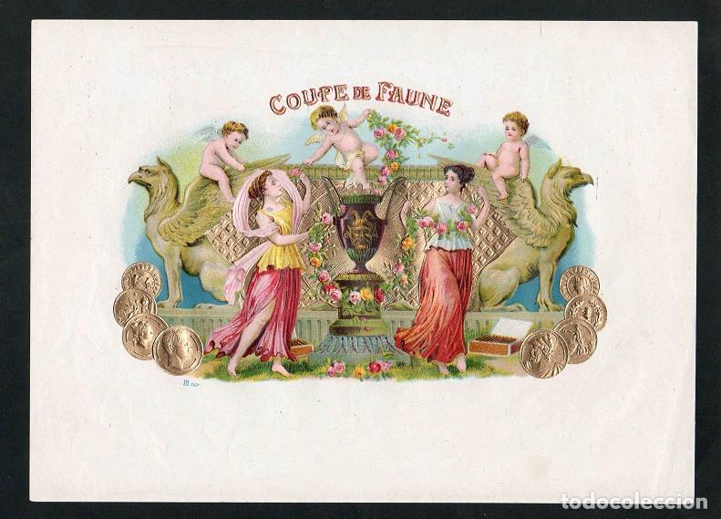Vitolas de colecci&oacute;n: Vitola, original litograf&iacute;a. Litograf&iacute;a tabaquera antigua. Coupe de Faune.
