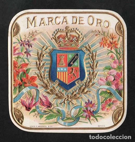 Vitolas de colecci&oacute;n: Vitola, original litograf&iacute;a. Antigua litograf&iacute;a de caja de tabacos. Marca de Oro.