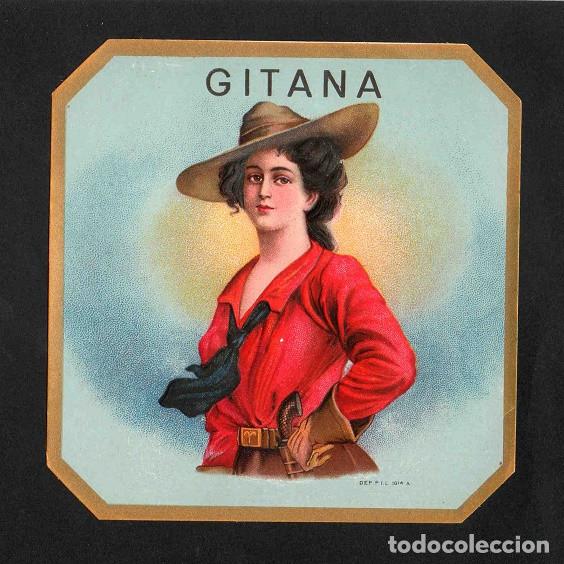 Vitolas de colecci&oacute;n: Vitola, original litograf&iacute;a. Antigua litograf&iacute;a de caja de tabacos. Gitana.