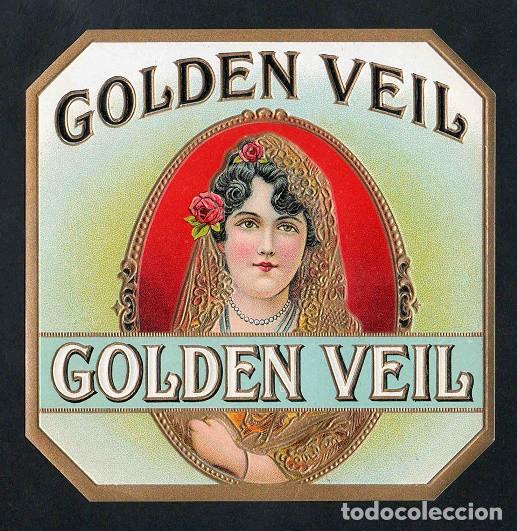Vitolas de colecci&oacute;n: Vitola, original litograf&iacute;a. Antigua litograf&iacute;a de caja de tabacos. Golden Veil.
