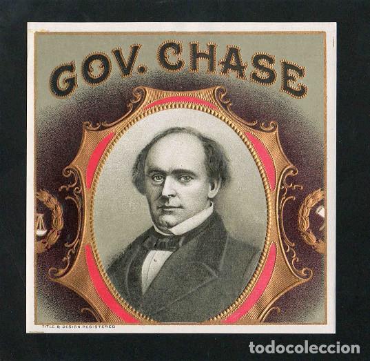 Vitolas de colecci&oacute;n: Vitola, original litograf&iacute;a. Antigua litograf&iacute;a de caja de tabacos. Gov. Chase.