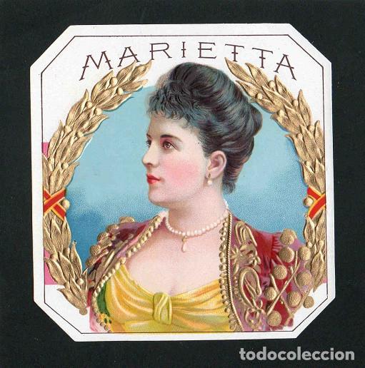 Vitolas de colecci&oacute;n: Vitola, original litograf&iacute;a. Antigua litograf&iacute;a de caja de tabacos. Marietta.