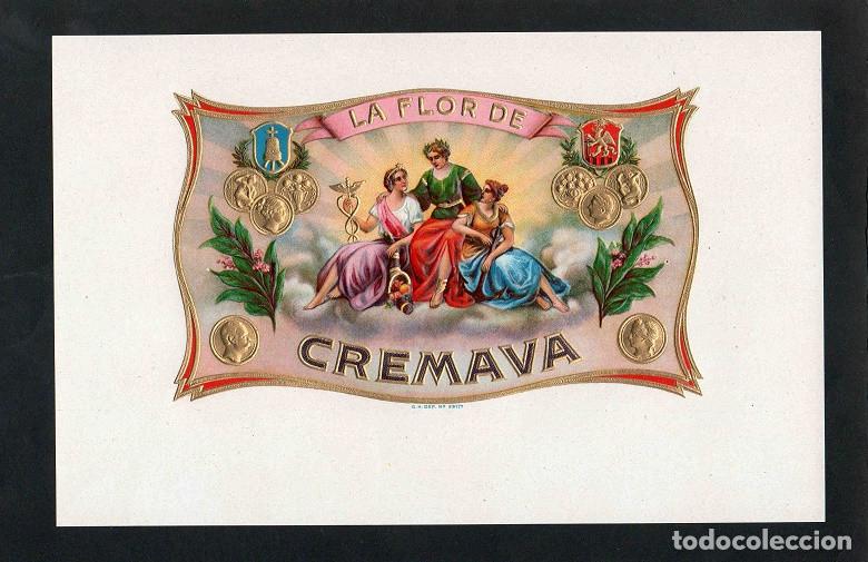 Vitolas de colecci&oacute;n: Vitola, original litograf&iacute;a. Antigua litograf&iacute;a de caja de tabacos. La Flor de Cremava.