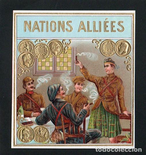 Vitolas de colecci&oacute;n: Vitola, original litograf&iacute;a. Antigua litograf&iacute;a de caja de tabacos. Nations Alli&eacute;es.