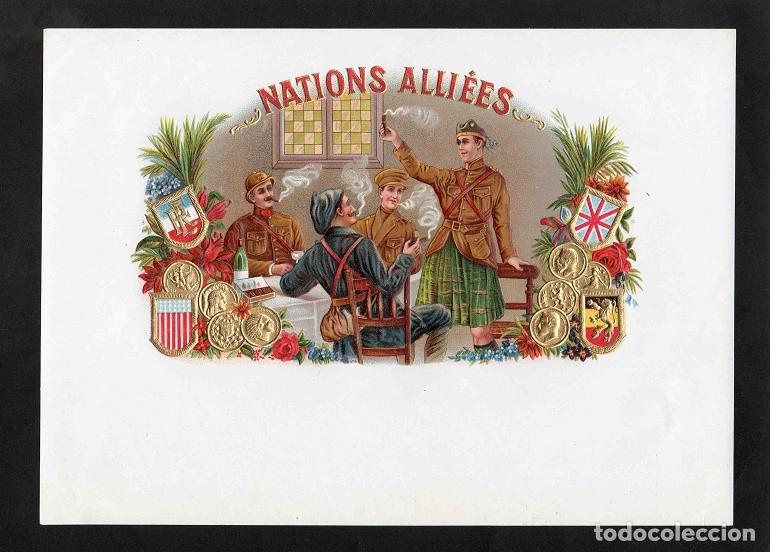 Vitolas de colecci&oacute;n: Vitola, original litograf&iacute;a. Antigua litograf&iacute;a de caja de tabacos. Nations Alli&eacute;es.