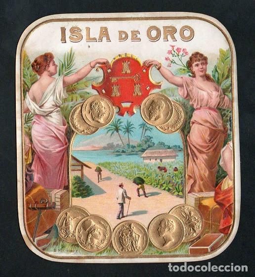 Vitolas de colecci&oacute;n: Vitola, original litograf&iacute;a. Antigua litograf&iacute;a de caja de tabacos. Isla de Oro.