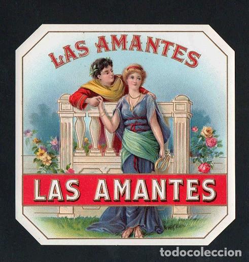 Vitolas de colecci&oacute;n: Vitola, original litograf&iacute;a. Antigua litograf&iacute;a de caja de tabacos. Las Amantes.
