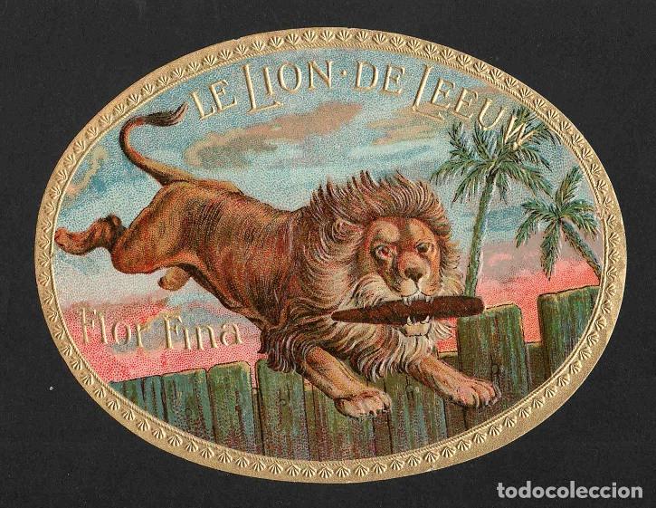 Vitolas de colecci&oacute;n: Vitola, original litograf&iacute;a. Antigua litograf&iacute;a de caja de tabacos. Le Lion de Leeuw.