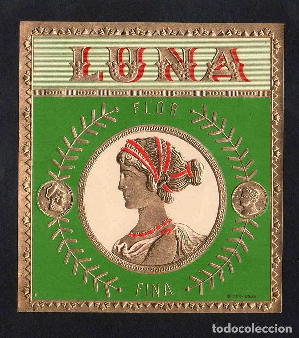 Vitolas de colecci&oacute;n: Vitola, original litograf&iacute;a. Antigua litograf&iacute;a de caja de tabacos. Luna.