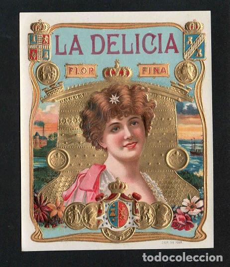 Vitolas de colecci&oacute;n: Vitola, original litograf&iacute;a. Antigua litograf&iacute;a de caja de tabacos. La Delicia.