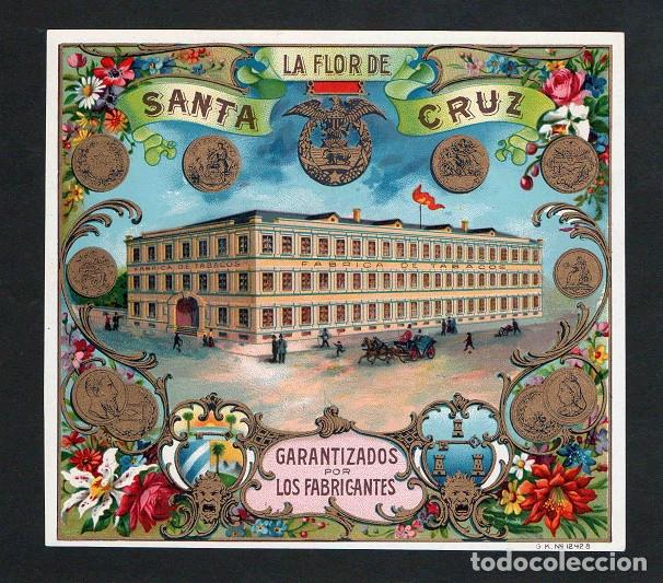 Vitolas de colecci&oacute;n: Vitola, original litograf&iacute;a. Antigua litograf&iacute;a de caja de tabacos. La Flor de Santa Cruz.