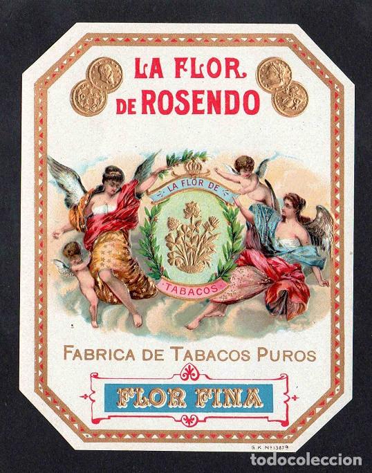 Vitolas de colecci&oacute;n: Vitola, original litograf&iacute;a. Antigua litograf&iacute;a de caja de tabacos. La Flor de Rosendo.
