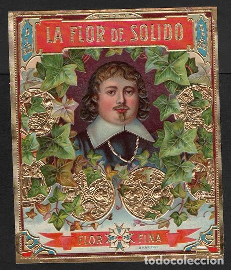 Vitolas de colecci&oacute;n: Vitola, original litograf&iacute;a. Antigua litograf&iacute;a de caja de tabacos. La Flor de Solido.