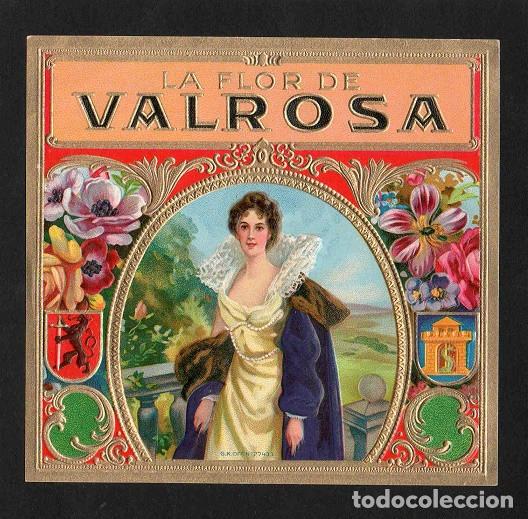 Vitolas de colecci&oacute;n: Vitola, original litograf&iacute;a. Antigua litograf&iacute;a de caja de tabacos. La Flor de Valrosa.