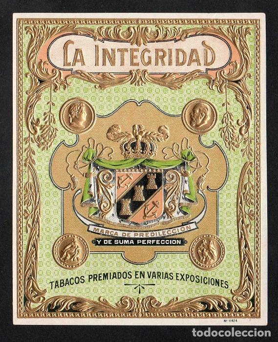 Vitolas de colecci&oacute;n: Vitola, original litograf&iacute;a. Antigua litograf&iacute;a de caja de tabacos. La Integridad (texto).