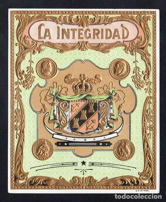 Vitolas de colecci&oacute;n: Vitola, original litograf&iacute;a. Antigua litograf&iacute;a de caja de tabacos. La Integridad (no texto).