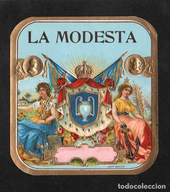 Vitolas de colecci&oacute;n: Vitola, original litograf&iacute;a. Antigua litograf&iacute;a de caja de tabacos. La Modesta.
