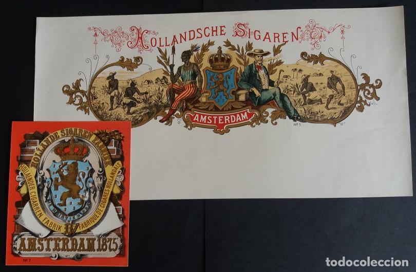 Vitolas de colecci&oacute;n: Vitolas, original litograf&iacute;as. Conjunto 2 litograf&iacute;as tabaqueras antiguas. Amsterdam 1875.