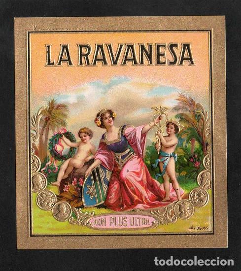 Vitolas de colecci&oacute;n: Vitola, original litograf&iacute;a. Antigua litograf&iacute;a de caja de tabacos. La Ravanesa.