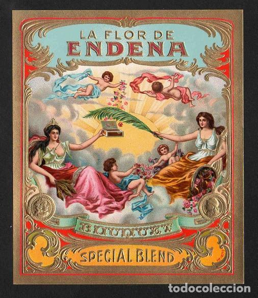 Vitolas de colecci&oacute;n: Vitola, original litograf&iacute;a. Antigua litograf&iacute;a de caja de tabacos. La Flor de Endena.