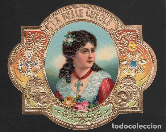 Vitolas de colecci&oacute;n: Vitola, original litograf&iacute;a. Antigua litograf&iacute;a de caja de tabacos. La Belle Creole.