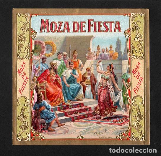 Vitolas de colecci&oacute;n: Vitola, original litograf&iacute;a. Antigua litograf&iacute;a de caja de tabacos. Moza de Fiesta.