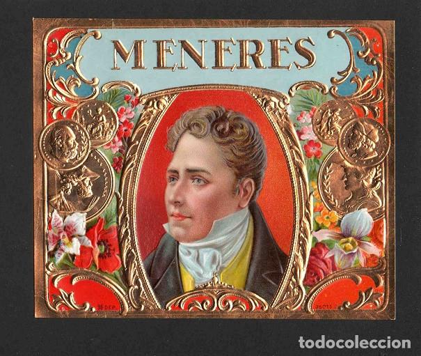 Vitolas de colecci&oacute;n: Vitola, original litograf&iacute;a. Antigua litograf&iacute;a de caja de tabacos. Meneres.