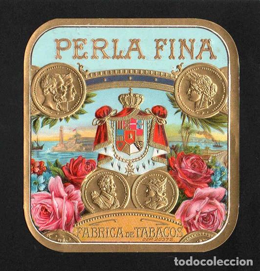 Vitolas de colecci&oacute;n: Vitola, original litograf&iacute;a. Antigua litograf&iacute;a de caja de tabacos. Perla Fina.