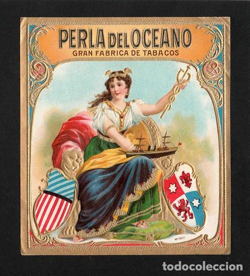 Vitolas de colecci&oacute;n: Vitola, original litograf&iacute;a. Antigua litograf&iacute;a de caja de tabacos. Perla del Oceano.