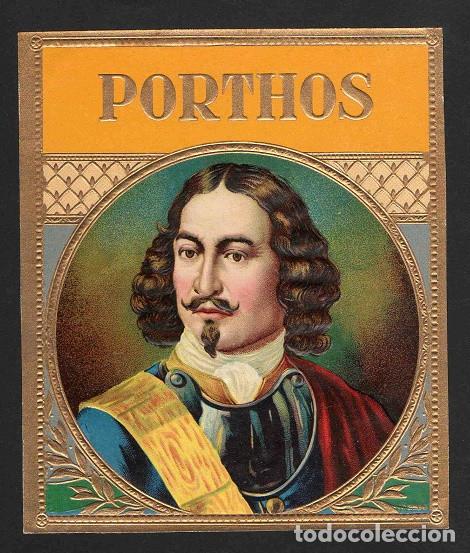 Vitolas de colecci&oacute;n: Vitola, original litograf&iacute;a. Antigua litograf&iacute;a de caja de tabacos. Porthos (A. Dumas 1802-1870).