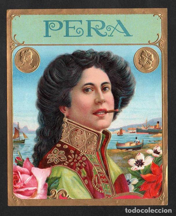 Vitolas de colecci&oacute;n: Vitola, original litograf&iacute;a. Antigua litograf&iacute;a de caja de tabacos. Pera.