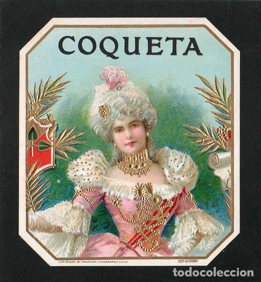 Vitolas de colecci&oacute;n: Vitola, original litograf&iacute;a. Antigua litograf&iacute;a de caja de tabacos. Coqueta.