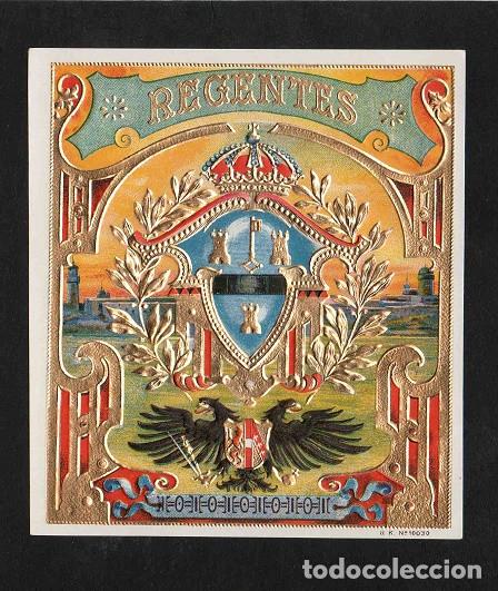 Vitolas de colecci&oacute;n: Vitola, original litograf&iacute;a. Antigua litograf&iacute;a de caja de tabacos. Regentes.