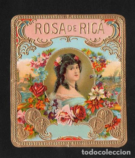 Vitolas de colecci&oacute;n: Vitola, original litograf&iacute;a. Antigua litograf&iacute;a de caja de tabacos. Rosa de Rica.