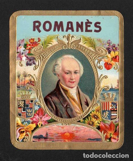 Vitolas de colecci&oacute;n: Vitola, original litograf&iacute;a. Antigua litograf&iacute;a de caja de tabacos. Roman&egrave;s.