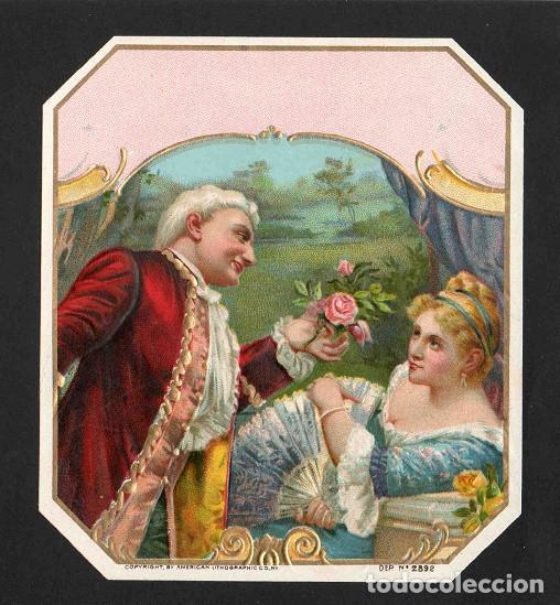 Vitolas de colecci&oacute;n: Vitola, original litograf&iacute;a. Antigua litograf&iacute;a de caja de tabacos. Romance (Untitled).