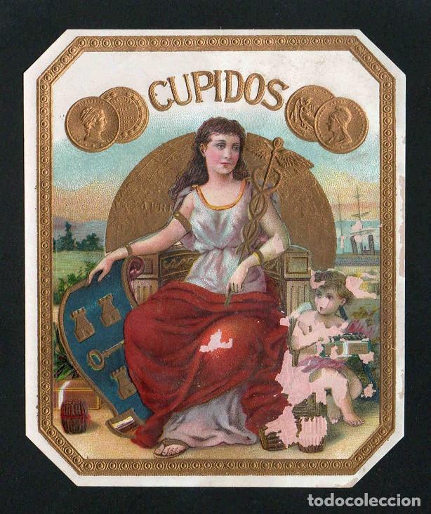 Vitolas de colecci&oacute;n: Vitola, original litograf&iacute;a. Antigua litograf&iacute;a de caja de tabacos. Cupidos (Habana).