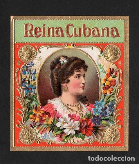 Vitolas de colecci&oacute;n: Vitola, original litograf&iacute;a. Antigua litograf&iacute;a de caja de tabacos. Reina Cubana.