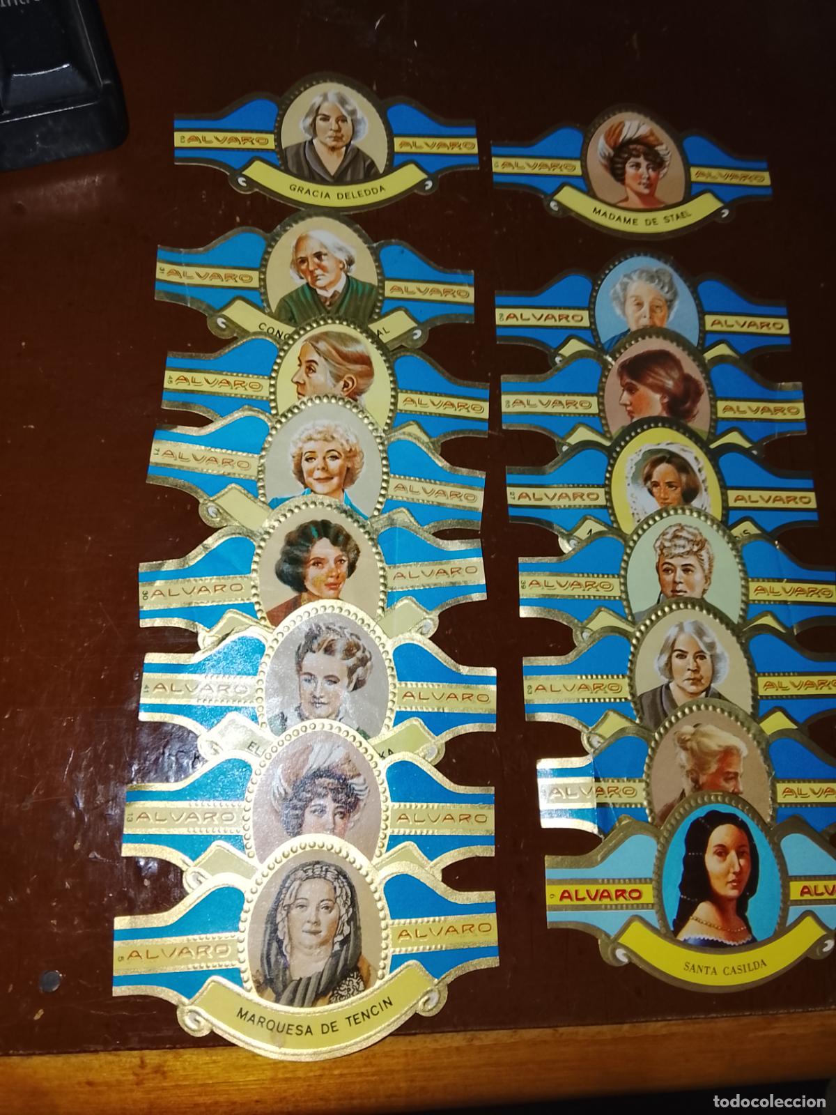 Vitolas de colecci&oacute;n: Lote de 16 Vitolas Antiguas Tabacos &Aacute;lvaro - Serie Mujeres Famosas (14 Diferentes + 2 Repetidas)