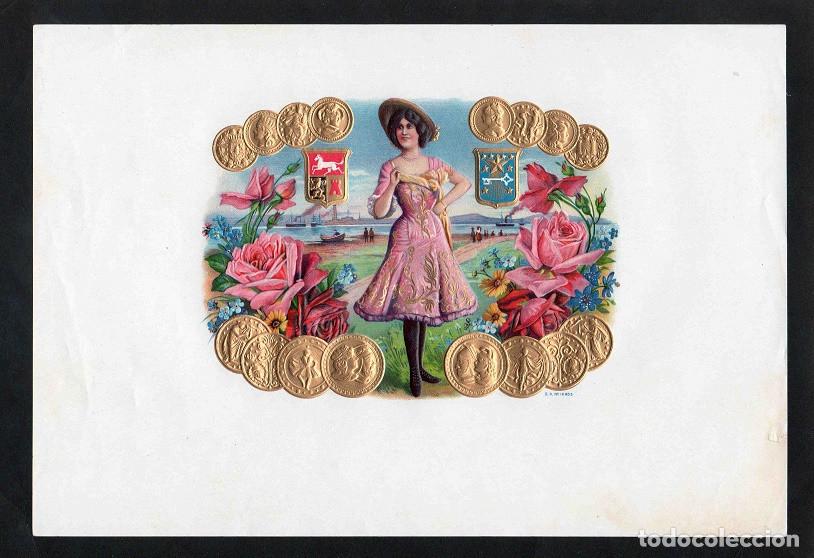 Vitolas de colecci&oacute;n: Vitola, original litograf&iacute;a. Antigua litograf&iacute;a de caja de tabacos. Rosadora.