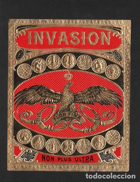 Vitolas de colecci&oacute;n: Vitola, original litograf&iacute;a. Antigua litograf&iacute;a de caja de tabacos. Invasion.