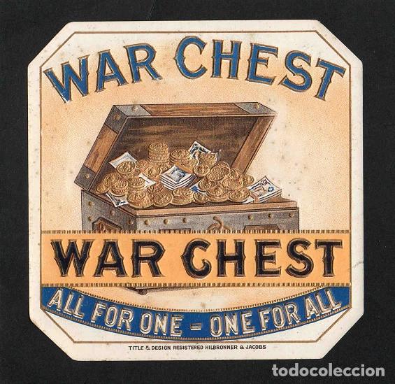 Vitolas de colecci&oacute;n: Vitola, original litograf&iacute;a. Antigua litograf&iacute;a de caja de tabacos. War Chest.
