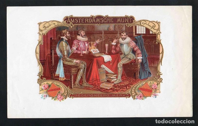 Vitolas de colecci&oacute;n: Vitola, original litograf&iacute;a. Antigua litograf&iacute;a de caja de tabacos. Amsterdanche Munt.