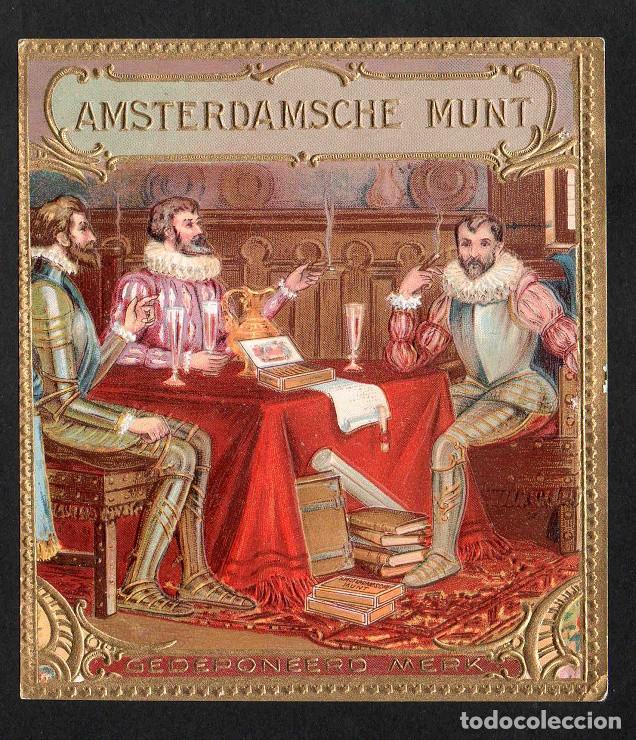 Vitolas de colecci&oacute;n: Vitola, original litograf&iacute;a. Antigua litograf&iacute;a de caja de tabacos. Amsterdanche Munt.
