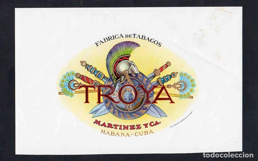 Vitolas de colecci&oacute;n: Vitola, original litograf&iacute;a. Antigua litograf&iacute;a de caja de tabacos. Troya (Habana).