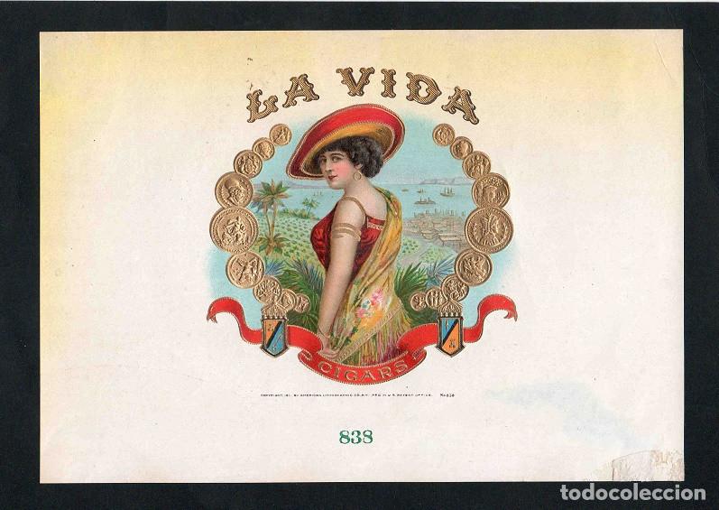 Vitolas de colecci&oacute;n: Vitola, original litograf&iacute;a. Antigua litograf&iacute;a de caja de tabacos. La Vida.