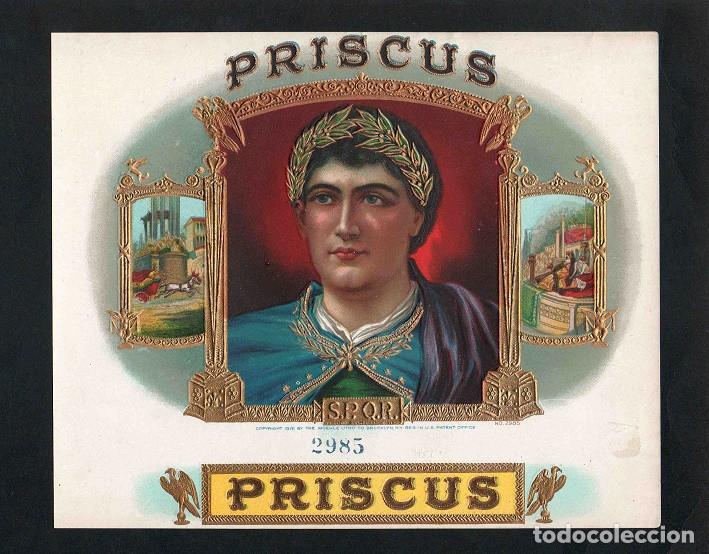 Vitolas de colecci&oacute;n: Vitola, original litograf&iacute;a. Antigua litograf&iacute;a de caja de tabacos. Priscus.