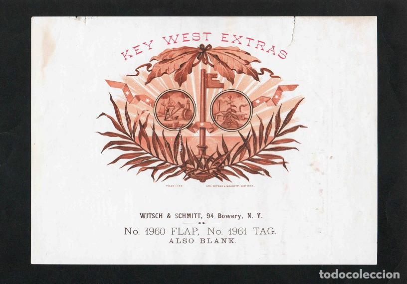 Vitolas de colecci&oacute;n: Vitola, original litograf&iacute;a. Antigua litograf&iacute;a de caja de tabacos. Amore. Key West Extras.